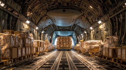 Inside the cargo hold of a large aircraft, filled with boxes on pallets. Overhead lights illuminate the space