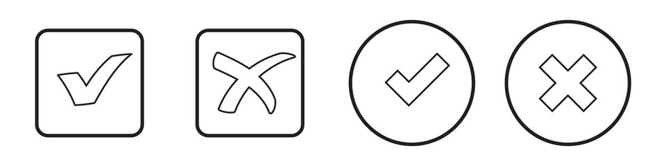 Obraz premium Checkmark x mark icon. Green checkmark and red x sign. Correct error vector symbol isolated on white background. Vote checkmark in circle and square box.