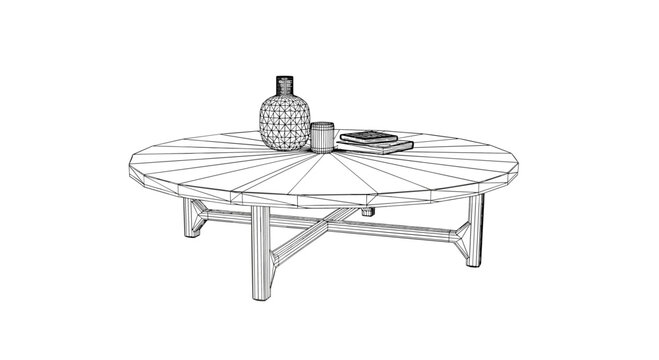 Modern round coffee table outline drawing featuring a decorative vase and books on its wooden surface for interior design planning illustrations.
