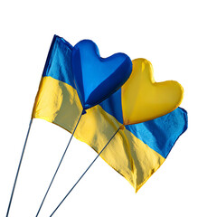 Ukrainian Flags in Heart Shape with Blue and Yellow Colors in Soft Focus on White Background for Patriotic Support