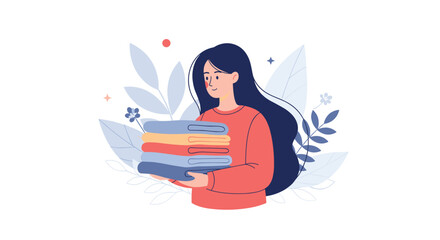 Smiling young woman holding a neatly stacked pile of colorful folded laundry against a background of soft blue plant silhouettes.