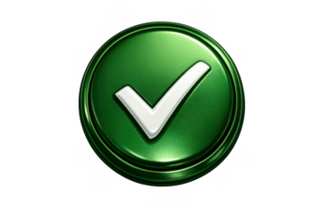 Green glossy 3d checkmark button showing approval, success, and validation with a transparent background