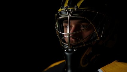 A hockey goalie wearing a helmet and mask, showcasing intense focus and determination. Sports and competition atmosphere.