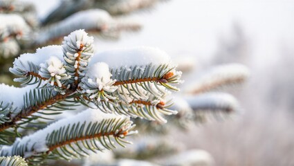 A close-up of a snow-covered pine branch showcasing frosted needles and delicate cones. Winter nature beauty.