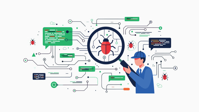 Person holding a magnifying glass to inspect a large bug icon on a circuit board background, representing debugging and software testing.