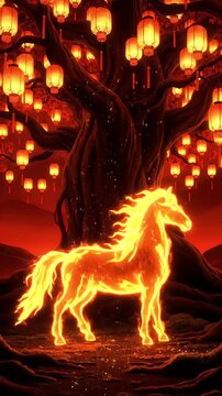 Vertical Cinematic Render of a Fiery Horse Under a Lantern-Adorned Tree During Chinese New Year Celebrations