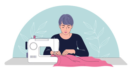 Focused young woman working with a modern electric sewing machine on pink fabric in a creative studio with a floral background design.