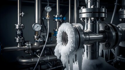 Frozen hydro machinery component covered in ice and snow in a dark industrial setting with pipes and gauges.