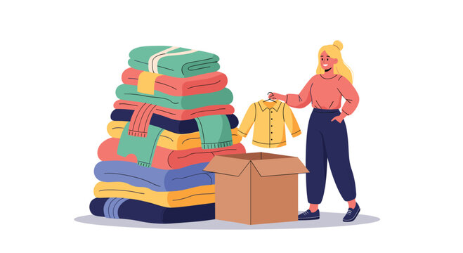 Young woman sorting through a large stack of folded clothes to put into a cardboard donation box for charity and sustainable fashion.