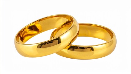 Two overlapping gold wedding bands with smooth polished finish on white background