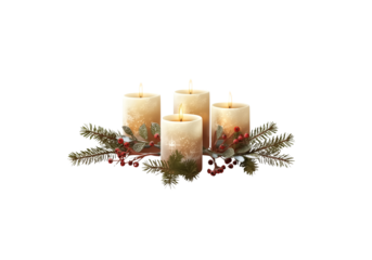 Christmas candles collection, cozy winter mood, pine branches and berries, warm glow effect, merry christmas weihnachten kerst theme