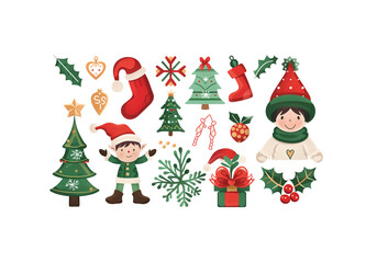 Naklejka premium Christmas design elements set, elf, snow flakes, winter decorations, holiday background theme, merry christmas weihnachten kerst concept