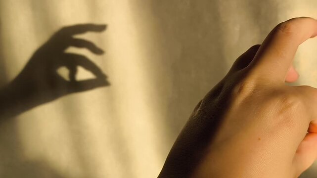 Bunny-shaped shadow on the wall from sunlight. The woman holds her fingers in the shape of a bunny and leaves a shadow. Shadow Theater.