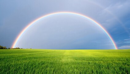 A vibrant rainbow arcs gracefully over a vast green field, creating a stunning natural scene. The image captures the beauty of nature
