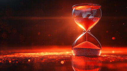 Glowing red hourglass with sand flowing in dark background