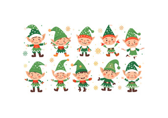 Naklejka premium Cute Christmas elf character illustration set with festive outfits, Santa hats, gift boxes, Christmas trees and snowflakes. Adorable cartoon style with soft 