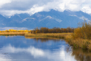 Fototapeta premium Autumn landscape with mountains and a lake. Russia. Buryatia. Siberia