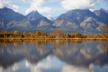 Fototapeta premium Autumn landscape with mountains and a lake. Russia. Buryatia. Siberia