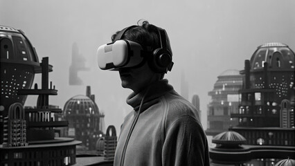 Futuristic real estate search interface concept. Person in virtual reality headset explores futuristic cityscape.
