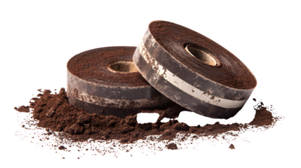Worn Chocolate Tape Reels on Cocoa Powder isolated on white background