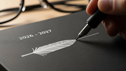 Strategic Future Planning: Hand Writing 2026-2027 Goals in a Stylish Black Planner with Elegant Feather Motif