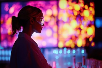 Scientist analyzing data in a modern laboratory with colorful digital screens