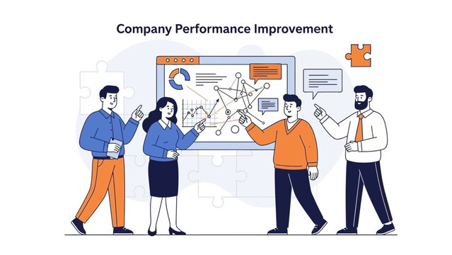 Team Discussing Company Performance Improvement Strategy with Analytics Dashboard