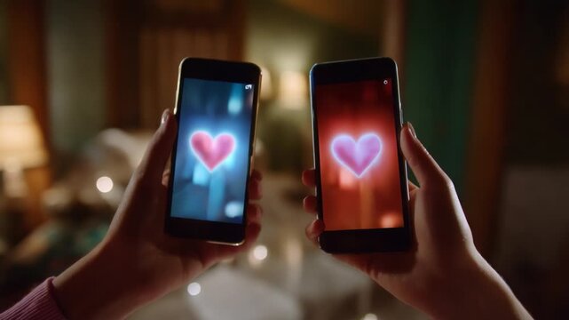 Two smartphones illuminate the concept of love with glowing heart symbols on their screens, symbolizing connection, emotion, and modern relationships in a cozy, intimate setting.