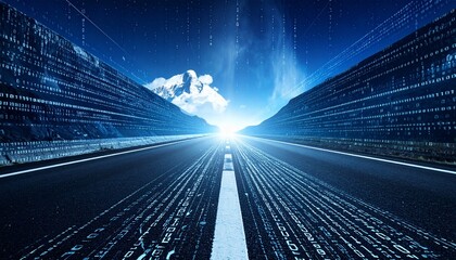 Digitally enhanced highway with binary code streams and sunset over mountainous terrain