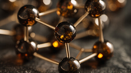 Golden molecular structure model with amber glass balls
