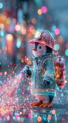 A festive penguin firefighter spraying colorful water indoors.