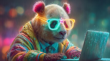 A playful panda using a laptop in colorful glasses, vibrant setting.