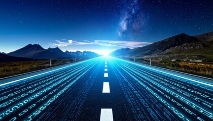 Digitally enhanced highway with binary code streams and sunset over mountainous terrain