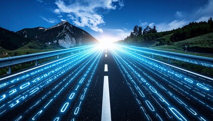 Digitally enhanced highway with binary code streams and sunset over mountainous terrain