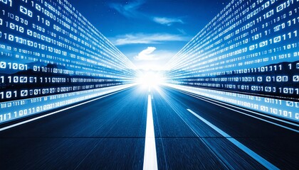 Digitally enhanced highway with binary code streams and sunset over mountainous terrain