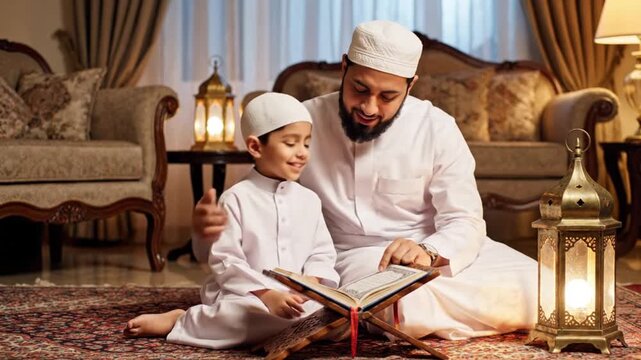 Muslim Father and Son Reading Quran Together at Home