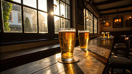 Golden beer glasses glowing on wooden table concept. Golden beers glisten under warm sunlight in a cozy pub setting.