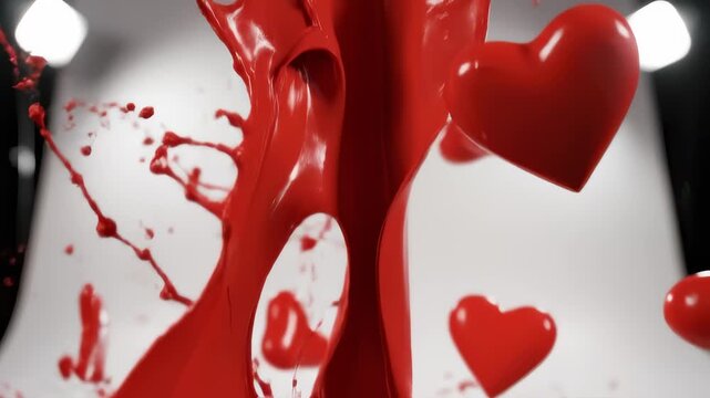 Red Paint Splashing and Hearts Falling in Studio Background Slow Motion