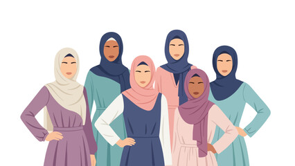 Obraz premium Illustration of a diverse group of women wearing hijabs and colorful dresses standing confidently with hands on hips against a clean white background.