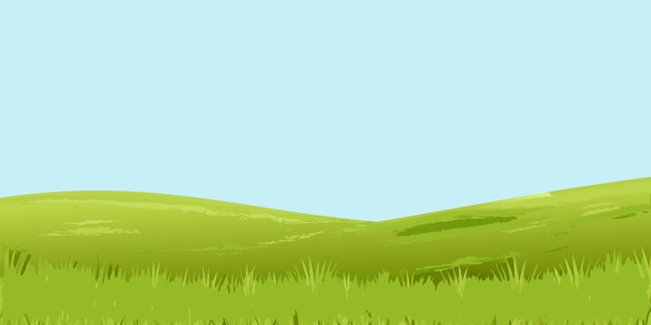 A simple landscape with rolling green hills and a light blue sky
