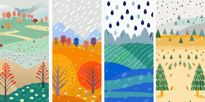 Four seasonal landscapes depicting spring summer autumn and winter illustrations
