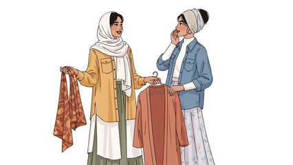 Fototapeta premium Two women in headscarves comparing clothing against a plain white background.