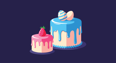 Two delicious decorated cakes, one blue with eggs and one pink with a strawberry, shown on a dark purple background.