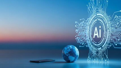Digital globe with AI symbol and smartphone on abstract background  