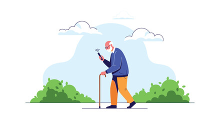 Elderly man with a white beard walks outdoors using a cane while looking at a smartphone screen in a public park setting.