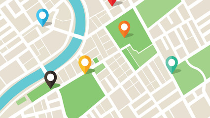 An overhead view of a city map with several colorful location pin markers