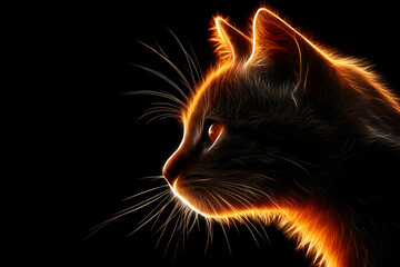 Glowing fiery cat profile on dark background, dramatic digital art illustration with neon light edges, mystical animal portrait and fantasy energy mood.