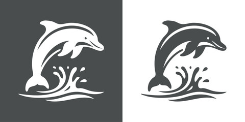 Logo oceáno con olas y silueta de delfin saltando  © teracreonte