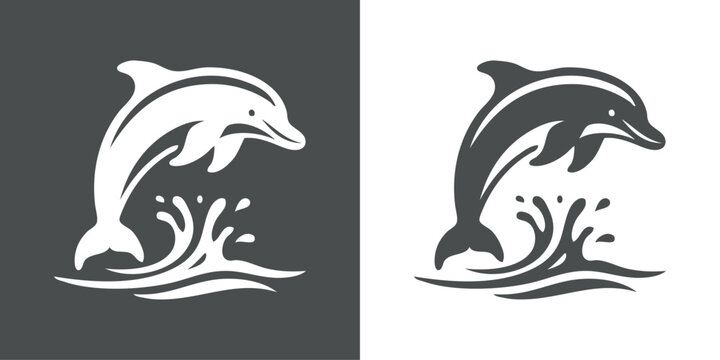 Logo oce&aacute;no con olas y silueta de delfin saltando 