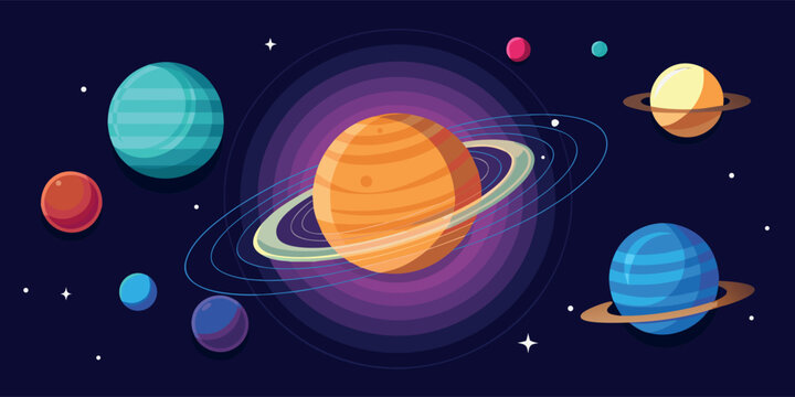 Flat Design Solar System Illustration with Planets and Stars in Outer Space
